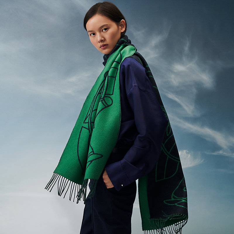 HERMES(エルメス) マフラー美品  ショール カザック H253955S イヴォワール×ジョーヌオークル Entrelacs Equestres カシミヤ HERMES - HERMES(エルメス) マフラー美品 ショール カザック H253955S
